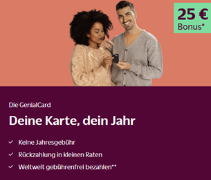 GenialCard Visa Karte mit 25€ Gutschrift bei 100€ Umsatz in 4 Wochen – gebührenfrei und mit Sofortentscheidung (inkl. Apple & Google Pay)