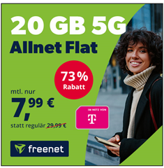 20GB 5G Datenflat mit SMS und Sprachflat im Telekom-Netz für 7,99€/Monat