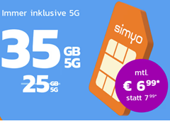 [Top] simyo Tarif M mit 35GB 5G Daten (bis 50Mbit/s) mit SMS und Sprachflat im o2 Netz für 5,99€/Monat – kein Anschlusspreis