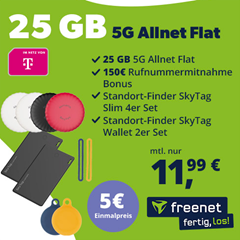 6 x Smart Tag (4mal für Objekte, 2mal für´s Portemonnaie) für 5€ mit 25GB 5G Daten, SMS & Sprachflat im Telekom Netz für 11,99€ + 150€ Wechselbonus