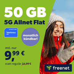 freenet 50GB 5G Allnet Flat im o2 Netz für nur 9,99€/Monat– monatlich kündbar
