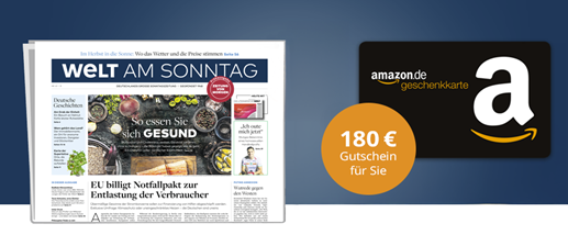 Welt am Sonntag Jahresabo für 287,88€ + 180€ Amazon.de Gutschein