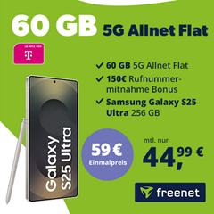 Samsung Galaxy S25 Ultra (256GB) für 59€ mit 60GB 5G Telekom Allnet Flat für 44,99€ im Monat (rechnerisch 49 Cent für den Tarif)