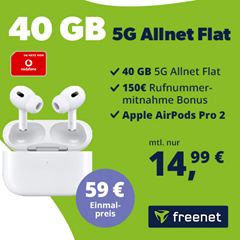 Apple AirPods Pro (2. Gen, USB-C) für 59€ mit 40GB 5G Daten, SMS und Sprachflat im Vodafone-Netz für 14,99€/Monat – 150€ Wechselbonus