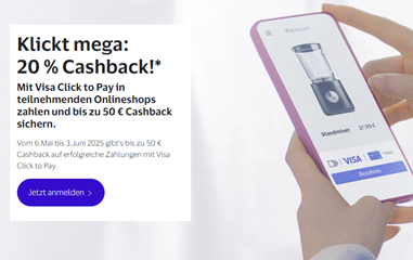 Visa: bis zu 50€ Cashback sichern durch 20% Rabatt bei Zahlung mit Visa Click to Pay, so z.B. bei MediaMarkt 20% Rabatt
