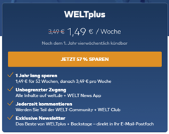WELTplus Jahresabo für 1,49€ anstatt 3,49€ pro Woche