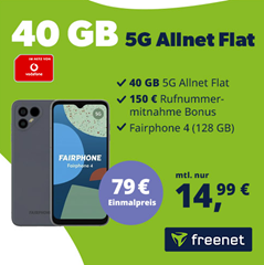 Fairphone 4 für nur 79€ mit 40GB 5G Vodafone Allnet-Flat, SMS und Sprachflat für 14,99€/Monat + 150€ Wechselbonus