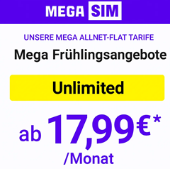 Mega SIM Allnet Flats im o2-Netz: 100GB ab 14,99€/Monat – auch monatlich kündbar – unlimited ab 17,99€/Monat + kein Anschlusspreis