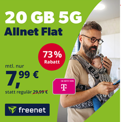 freenet Allnet Flat 20GB 5G im Telekom-Netz für 7,99€/Monat (statt 29,99€) – 0€ Anschlussgebühr
