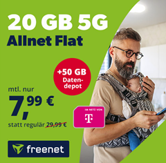 20GB 5G Allnet Flat im Telekom Netz für 7,99€/Monat + keine Anschlussgebühr + 50GB Datendepot