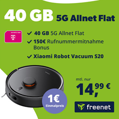 40GB 5G Telekom Allnet Flat + Xiaomi Robot Vacuum S20 für 1€ + 150€ Wechselbonus