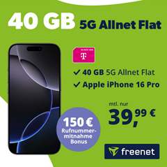 Apple iPhone 16 Pro für 199€ mit 40GB 5G Telekom Allnet Flat für 39,99€/Monat + 150€ Wechselbonus (alternativ auch 256GB für 319€)