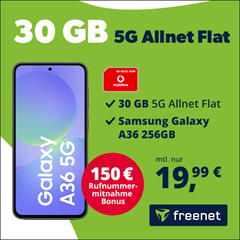 Samsung Galaxy A36 (256 GB) für 29€ mit 30GB 5G Vodafone Allnet Flat für 19,99€/Monat + 72€ Guthaben + 150€ Wechselbonus