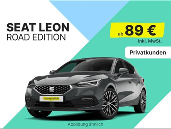Seat Leon Road Edition 1.5 TSI (116 PS, Manuell) für 89€/Monat (10.000 km/Jahr, 24 Monate, LF = 0,59)