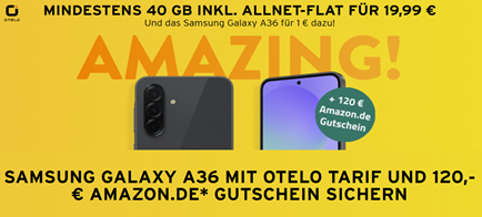 Samsung Galaxy A36 5G für 1€ mit 40GB Otelo (Vodafone–Young = 80GB) 5G Daten, SMS und Sprachflat für 19,99€/Monat + 120€ Amazon.de Gutschein