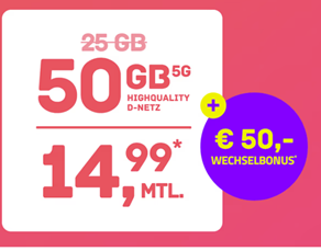 [Super] 50GB 5G mit SMS und Sprachflat für 14,99€/Monat im Telekom-Netz + 50€ Wechselbonus (= rechnerisch 12,90€)