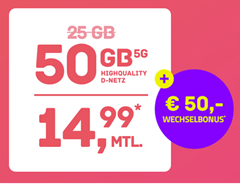 50GB 5G mit SMS und Sprachflat für 14,99€/Monat im Telekom-Netz + 50€ Wechselbonus