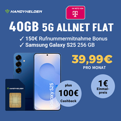 [Top] 40GB 5G Allnet Flat im Telekom Netz mit Samsung S25 (256GB) für 1€ + 100€ Cashback + 150€ Wechselbonus + kein Anschlusspreis