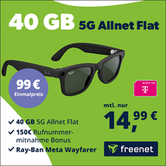 [Top] Ray-Ban Meta Wayfarer für 99€ mit Telekom Allnet Flat mit 40GB 5G-Datenvolumen für 14,99€/Monat + 50GB Datendepot + 150€ Rufnummermitnahme