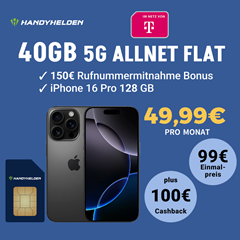 iPhone 16 Pro (128 GB) für 99€ mit 40GB 5G Allnet Flat im Telekom Netz für 49,99€/Monat + 100€ Cashback + 150€ Rufnummerbonus