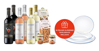 6 Flaschen Wein + 4 Delikatessen + 18 tlg. gläsernes Tafelservice für 39,90€, kostenloser Versand