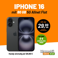 Apple iPhone 16 (128GB) für 129,99€ mit 80GB 5G Klarmobil Vertrag im Vodafone Netz für 29,99€/Monat