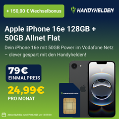 Apple iPhone 16e mit 50GB 5G Allnet Flat im Vodafone Netz für 24,99€/Monat + 150€ Wechselbonus + keine Anschlussgebühr