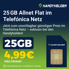 Handyhelden: 25GB 5G o2 Allnet Flat für 4,99€/Monat– monatlich kündbar + 9,99€ Anschlussgebühr