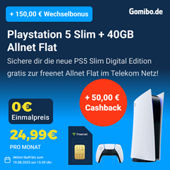 [Top] PlayStation 5 Slim (Digital Edition) gratis mit 40 GB Telekom 5G Allnet Flat für 24,99€/Monat + 150€ Rufnummermitnahmebonus + 50€ Cashback