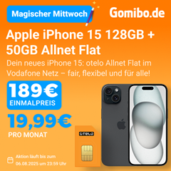 Apple iPhone 15 (128GB) für 189€ mit der Otelo Allnet Flat Classic (50 GB, Vodafone) für 19,99€/Monat