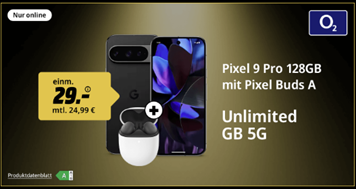 [super] Google Pixel 9 Pro (128GB) inkl. Google Pixel Buds A-Series für 29€ mit o2 Unlimited (10GB pro Tag, mehr kostenfrei immer nachbuchbar) für 24,99€/Monat