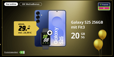 Samsung Galaxy S25 (256GB) inkl. Samsung Galaxy Fit3 für 29€ mit 20GB Telekom Allnet Flat für 24,99€/Monat + 50€ Wechselbonus