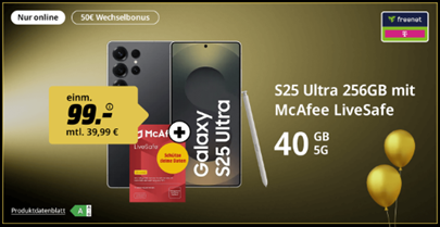 Samsung Galaxy S25 Ultra (256GB) für 99€ mit der Telekom Allnet Flat 40GB (40 GB, Telekom) für 39,99€/Monat + 50€ Wechselbonus + 50GB Datendepot