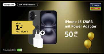 Apple iPhone 16 (128GB) inkl. Apple USB-C Power Adapter 20W weiß für nur 1€ mit der 50GB Vodafone Allnet Flat für 29,99€/Monat + 50€ Wechselbonus