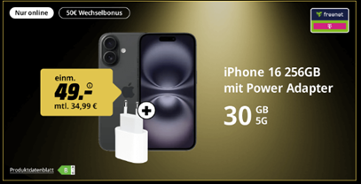 iPhone 16 256GB für 49€ mit 30GB Telekom 5G Allnet Flat für 34,99€/Monat + 50€ Wechselbonus
