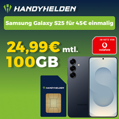 Tarif effektiv kostenfrei: Samsung S25 für 45€ mit 100GB Klarmobil 5G Allnet Flat (Vodafone Netz) für 24,99€/Monat + 100€ Wechselbonus