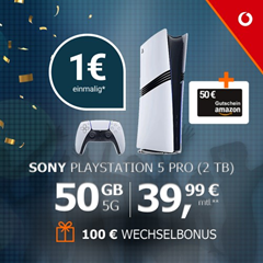Mit GigaKombi: Sony PlayStation 5 Pro & einen 50€ Amazon Gutschein für nur 1€ mit dem Vodafone Smart S (65 GB) für 34,99€/Monat + 100€ Wechselbonus + 500GB Datendepot