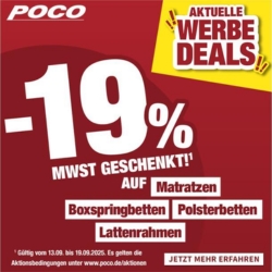 Poco: 19% MwSt. geschenkt (15,97% Rabatt) auf Boxspringbetten, Polsterbetten, Matratzen und Lattenrahmen