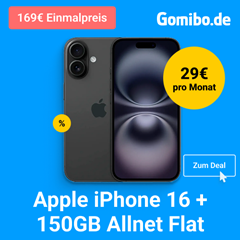 Apple iPhone 16 (128GB) für 179,00€ mit der congstar Allnet Flat L (150 GB, Telekom) für 29,00€/Monat oder 256GB Version für einmalig 319€