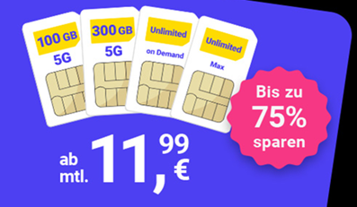 MegaSIM: monatlich kündbare Tarife, so z.B. 100GB 5G mit SMS und Sprachflat für 11,99€/Monat im o2 Netz