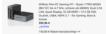 GMKtec Mini-PC Gaming M7 (Ryzen 7 PRO 6850H, 32GB/512GB) für 399,96€