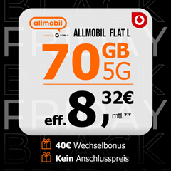 Allmobil Flat L (70 GB 5G, Vodafone) für 9,99€/Monat + 0€ AP + 40€ Bonus (effektiv 8,32€ im Monat)