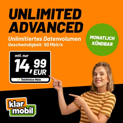 klarmobil Unlimited Advanced (50 Mbit/s) im o2-Netz monatlich kündbar für 14,99€/Monat + nur 9,99€ Anschlussgebühr