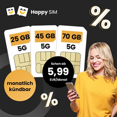 Black Week Happy SIM , so z.B. 75 GB 5G Allnet Flat für 8,99€/Monat (auch monatlich kündbar) + 0€ AP + 2 Gratismonate
