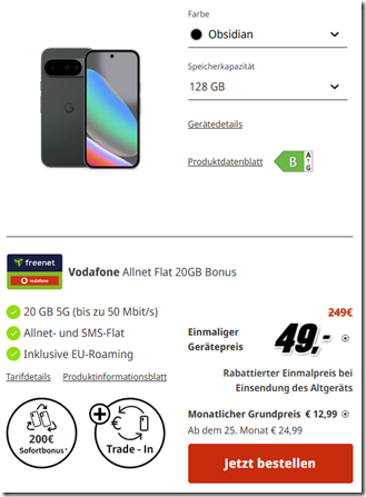 [absolut verrückt] Google Pixel 10 (128GB) für 49,00€ (mit Trade-In Sofortbonus) mit der Vodafone Allnet Flat (20 GB, Vodafone) für 12,99€/Monat