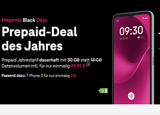 Telekom MagentaMobil Prepaid Jahrestarif: 360 GB (30GB/Monat) für 99,95€ (einmalig) + 10€ Bonus (eff. 7,49€/Monat)