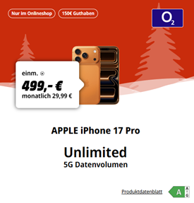 [Knaller] Apple iPhone 17 Pro (256GB) für 499€ mit o2 Mobile Unlimited on Demand (Unbegrenzt GB, o2) für 29,99€/Monat + 150€ Bonus + gratis ChatGPTPlus