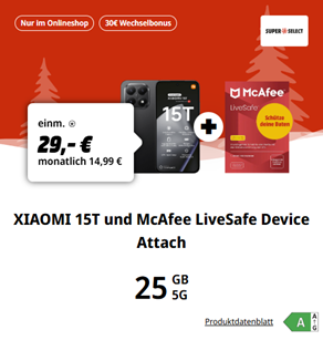 Xiaomi 15T (256GB) für 29,00€ mit Super Select S On (35 GB, o2) für 14,99€/Monat + 30€ Bonus