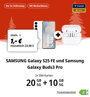 Samsung Galaxy S25 FE (128GB) + Galaxy Buds3 Pro für 1,00€ mit Vodafone Doppelkarte (30 GB Gesamt) für 24,98€/Monat + 50€ Wechselbonus