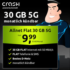Monatlich kündbare Allnet Flat (30 GB 5G, Telekom) für 9,99€/Monat + einmalig leider 29,99€ Anschlusspreis